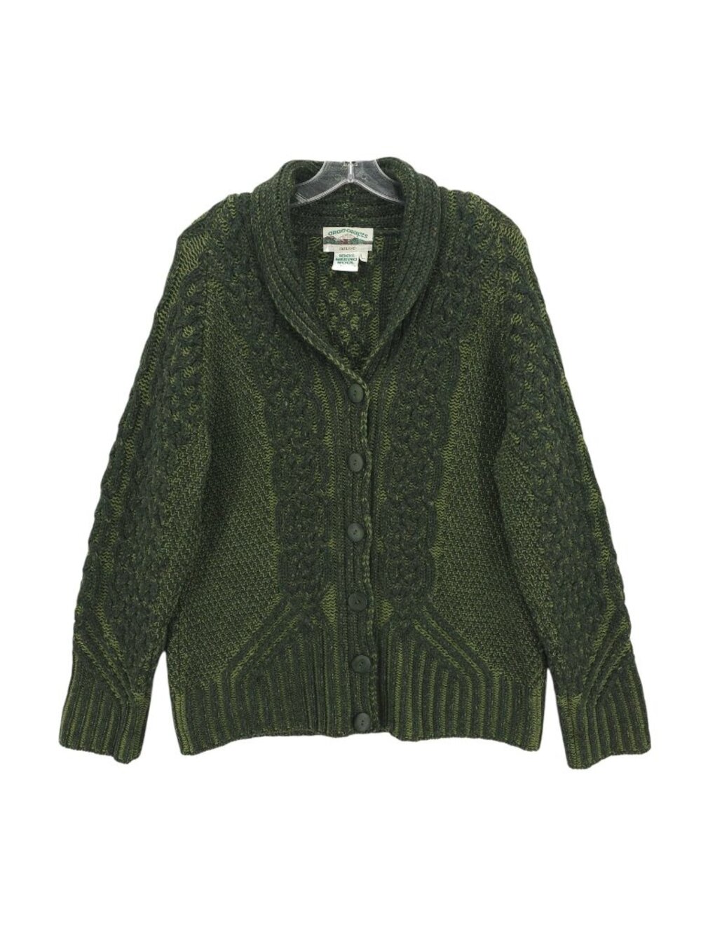 ARAN CRAFTS Green 100% Merino Wool Cardigan Fisherman Cable Shawl Women's LARGE